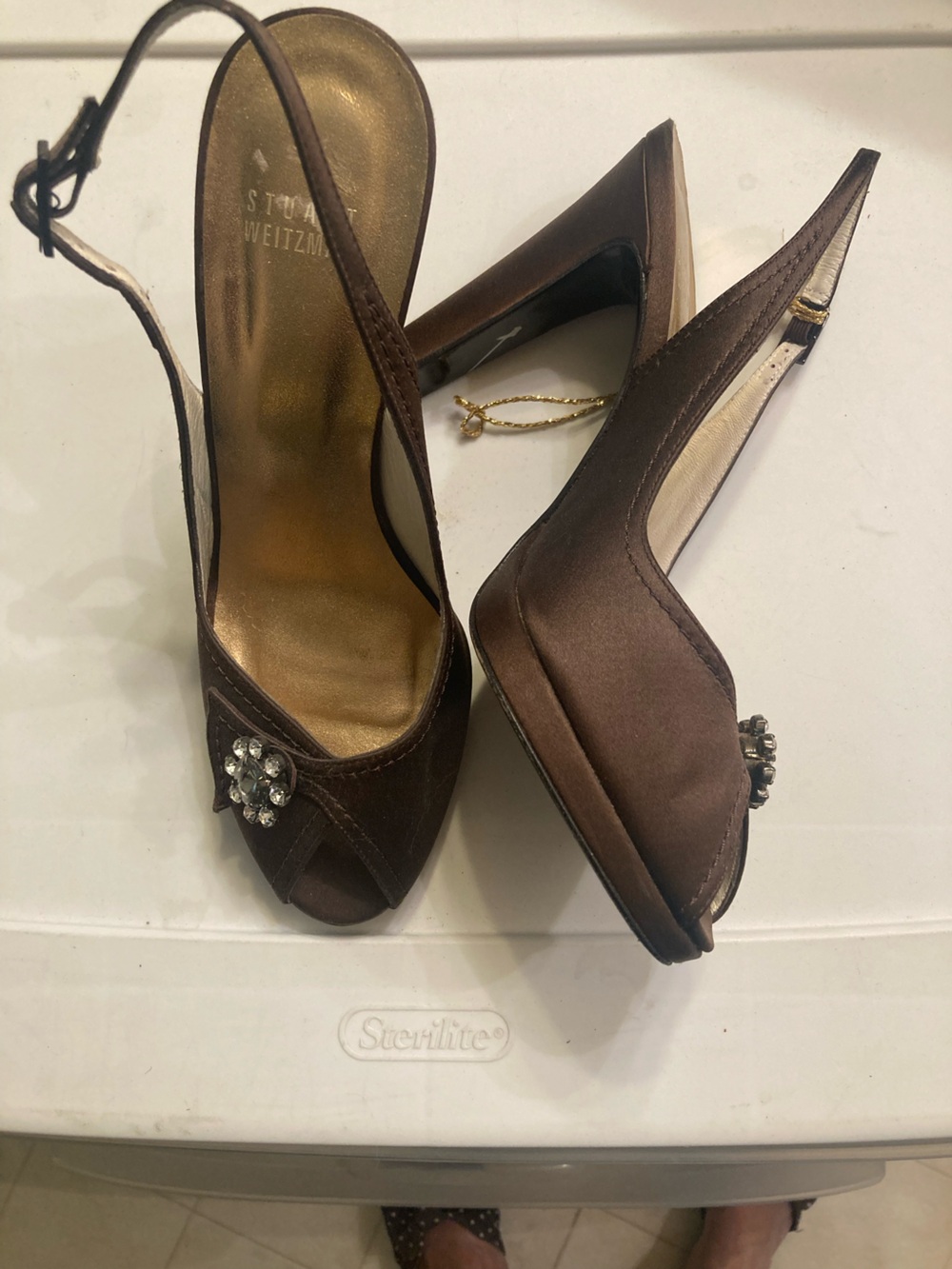 Stuart Weitzman Brown Satin Slingback Heels with Rhinestone Flower